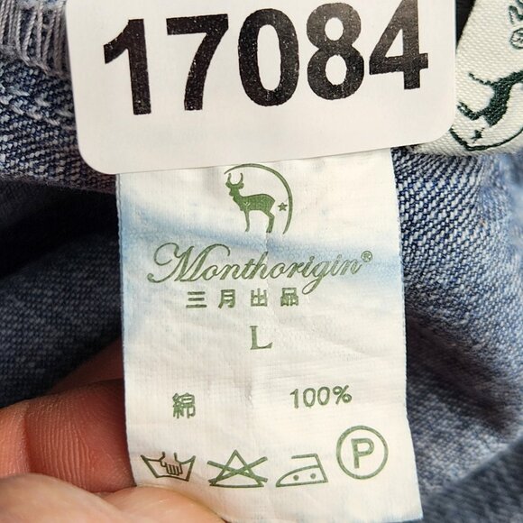 Monthorigin Overalls Womens Large Blue Floral Print Bibs Denim Distressed Casual - Picture 14 of 14